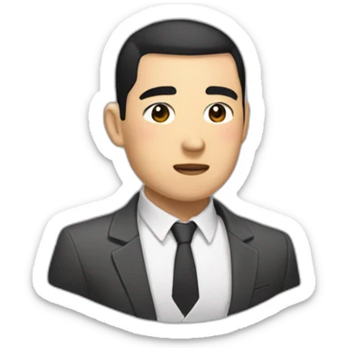 Asian, thick eyebrows, Buzz cut, emotionless, suit sticker