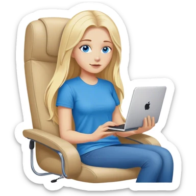 Cinematic realistic blonde with long hair, blue eyes, dressed in a T-shirt, sits in an easy chair with a computer on her lap, in a cozy atmosphere sticker