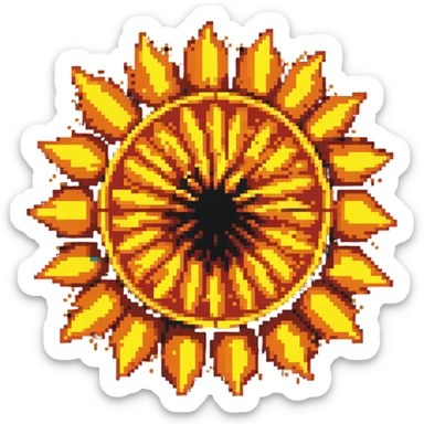 Bomberman explosion center tile, bright fiery explosion core with yellows and oranges radiating from center, circular explosion pattern, clean pixel art edges, slight transparency at edges sticker