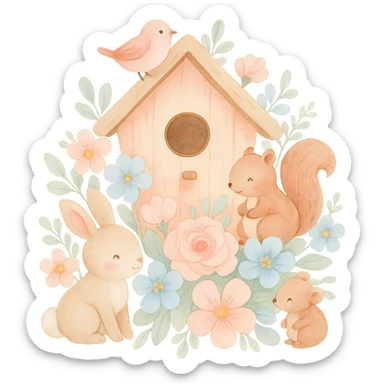 birdhouse with flowers and forest creatures including bunnies, birds, squirrels, cozy pastel design, soft pastel colors, transparent background sticker