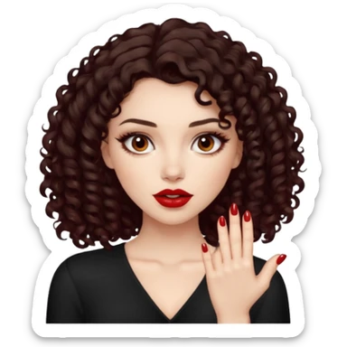 girl, really dark brown hair, curly hair, dark brown eyes, pale skin, dark red lips, medium hair, showing her red nails baddie sticker