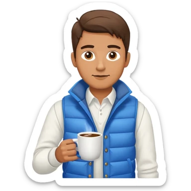 full body man wearing long sleeve white shirt with blue puffy winter vest holding a cup of coffee in front of him sticker
