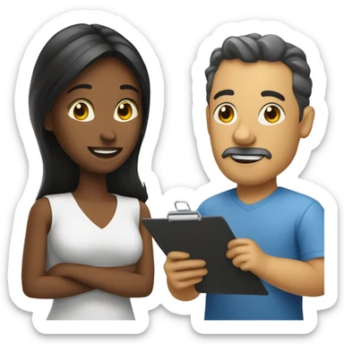 Woman with clipboard talking to man sticker