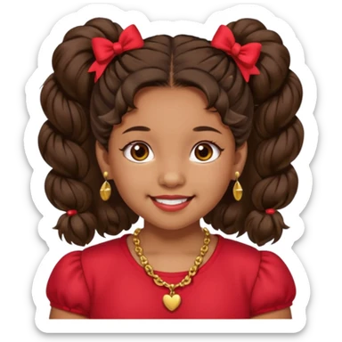 Brownskin girl dark brown hair fluffy. pigtails with red bows brown eyes smiling closed mouth red shirt gold esrrings gold necklace sticker