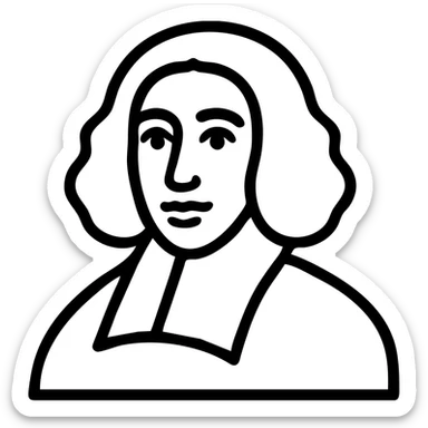 Adjust the size and alignment of Spinoza's pupils in the black outline icon so they look even and natural, maintaining the detailed, hand-drawn style with long curly hair and a 17th-century collar. Keep the transparent background. sticker