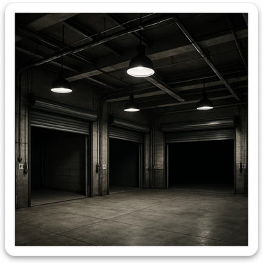 a garage with three entrances, industrial style, concrete floor sticker