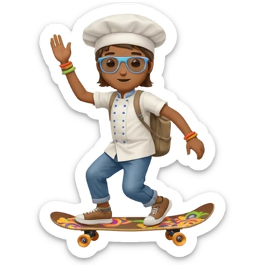 ["A happy boy with brown skin, straight hair, wearing a chef hat and sunglasses, dressed in hippie fashion, is skateboarding while holding a backpack."] sticker