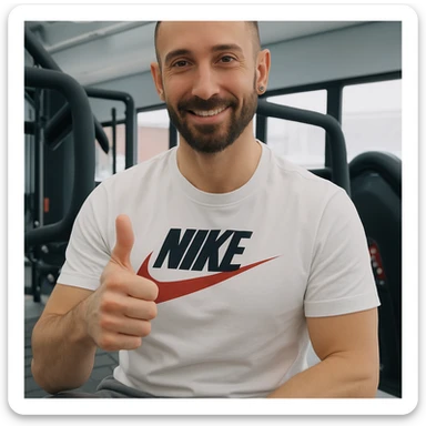 The man in the photo is making the OK gesture with his thumb up, showing a satisfied expression, in a gym environment, photorealistic style. sticker