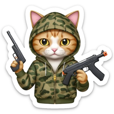 A gangster cat wearing a bape hoodie with a BB gun sticker