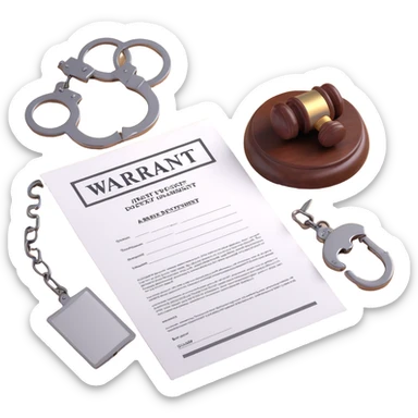 realistic 3D icon of an arrest warrant document with 'WARRANT' in large letters at the top, body text, signature and official stamp at the bottom, next to a brown wooden gavel and metal handcuffs, bright lighting, isolated sticker