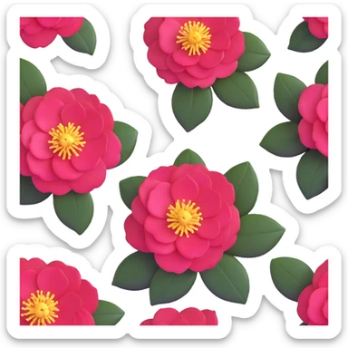 vibrant red Japanese camellia flower with golden center sticker