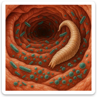 a medical illustration of a human realistic gut with bacteria and parasyte sticker