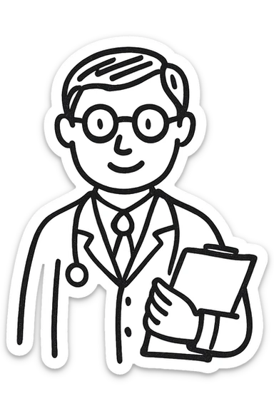 doctor in coat, with glasses and notebook sticker