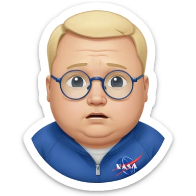 crying chubby salesperson, with blond short receding hairline, wears a dark blue nasa sweatshirt, nasa logo on the breast, round glasses, 40 years old sticker