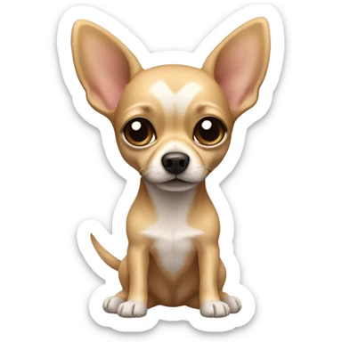 Blonde chihuahua (no white markings) with short hair, big ears, and long legs with a teddy bear sticker