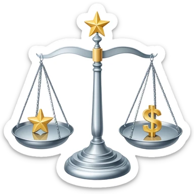A balanced scale with dollar bills on the left side and three stars on the right side sticker