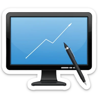 Minimalistic flat vector icon, iOS style, thin black contour on white background. Computer monitor with a pen tool icon. No text, no shadows.
 sticker