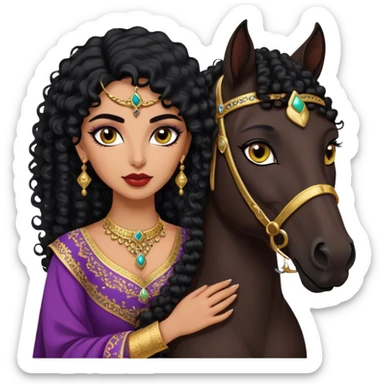 Middle Eastern woman with black curly hair and well defined eyebrows and full lips and black cat eyeliner long lashes  wearing a traditional dress holding into a Arabic horse  sticker