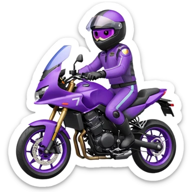 Créer un emoji avec une moto mt07 sport noir mate / violet iridescent très foncé, pare-brise de la moto violet. Avec une pilote dessus visière violet sombre visage caché . Avec fond arrière violet en arrière plan. sticker