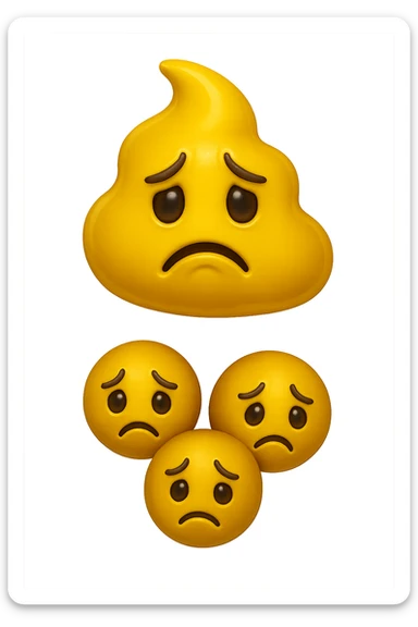 emoji stile iphone di una cacca giallina e liquida con espressione triste, sopra una montagnetta di feci a palline con espressione triste, iperrealistico 4k sticker