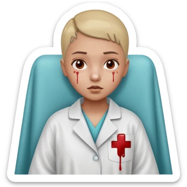 A nine year old girl that is wearing a hospital bed coat that has a buzz cut and her nose is bleeding sticker