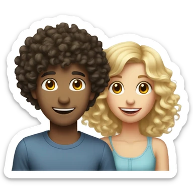 Dark curly haired shorter girl with taller blond boy smiling with tongue out couple photo sticker