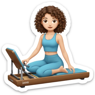 brunette,curly hair shoulder lenght,turkish 3b girl doing reformer pilates with cute set, sticker