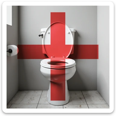 a realistic toilet with a large red cross mark overlay, clear and easy to recognize, photorealistic style sticker