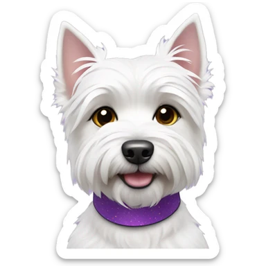 Westie dog wearing a white collar with purple hearts sticker