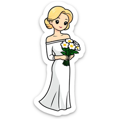 blonde woman in a white off-shoulder dress with long sleeves and a bouquet of white flowers in a white bag in her right hand sticker