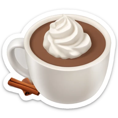 beige mug of hot chocolate with whipped cream and cinnamon sticker
