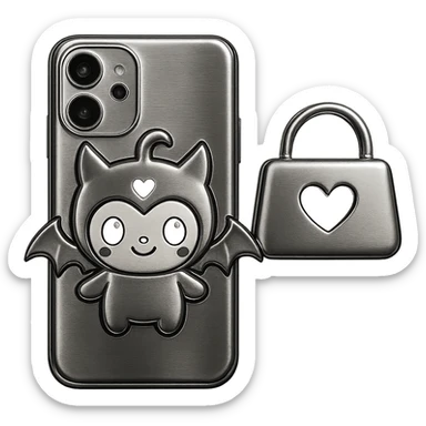 Change the color scheme to white and black, gothic kawaii phone case, big eyes, smiling, playful, cartoonish, gothic symbols, chrome style, no background. sticker