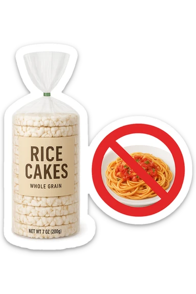 confezione di gallette di riso con accanto un piatto di pasta con divieto sopra, in italiano,  realistici sticker