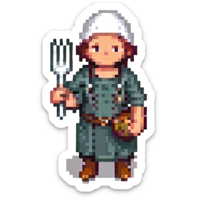 pixel art Twitch emoji of a simple and expressive peasant holding a fork sticker