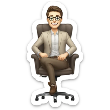 Joyful Celebrating victory Pale skinned Fit Man With dark brown hair in gray jacket, beige office shirt, Brown pants and vintage glasses sitting In a soft chair sticker