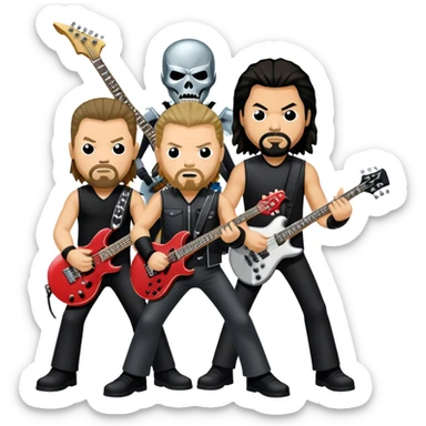 Icon for Metal Music: Metallica four band members detailed in their signature look. James Hetfield with guitar, Lars Ulrich on drums, Kirk Hammett with his electric guitar, and Robert Trujillo playing bass. Bold, energetic style, all in a heavy metal aesthetic. Transparent background. sticker