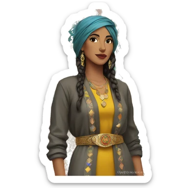 Colorful Kurdish dress, accessory gold belt, long cardigan  sticker