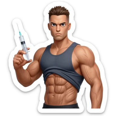A body builder holding an injection in his hand sticker
