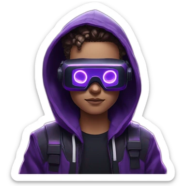 Cyberpunk style. Violet neon. boy with white-light skin in the black hoody with violet OMG VR logo on it wearing vr headset oculus quest 2 sticker