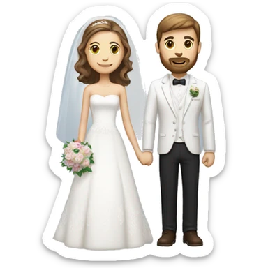 white groom with short straight brown hair with short beard on the left side and white bride with long brown hair on right side  sticker