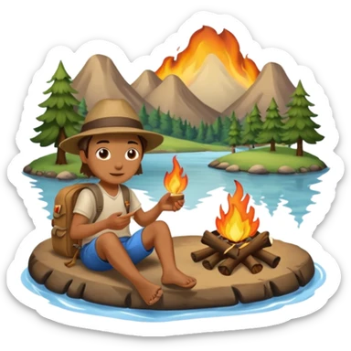 Camper by river with campfire sticker