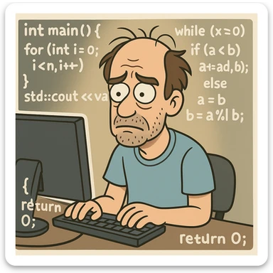 Terry A. Davis as a computer programmer, surrounded by code, cartoon style sticker