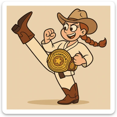 Add a large, shiny championship belt around her waist, making it prominent and detailed, in the same flat toon style. sticker