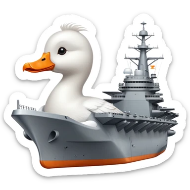 A gray military aircraft carrier with a white goose head and orange beak at the front of the ship sticker