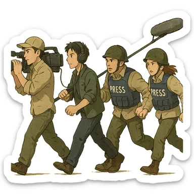 a flim crew, walking from left to right across frame: a cameraman, and a microphone operator, two people, war correspondents, tense moment sticker
