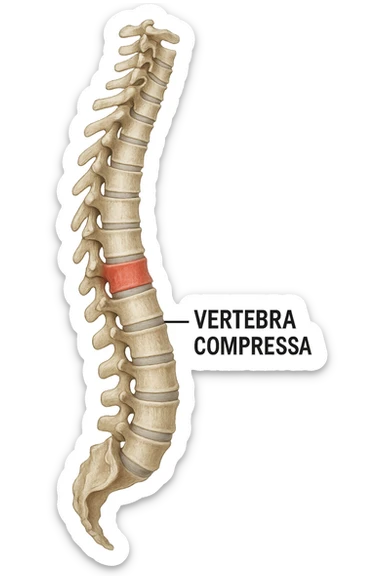 Realistic anatomical image highlighting only compressed vertebrae in lateral view, no background, clear anatomical details, with captions in Italian, aspect ratio 2:3. sticker