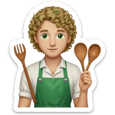 Male, fair complexion, green eyes, shoulder length dark blonde curly hair, bar slinger sticker