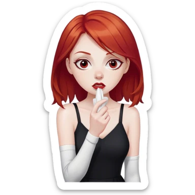 a woman with red hair and red eyes sniffing a white sock. The woman wear a black  dress sticker