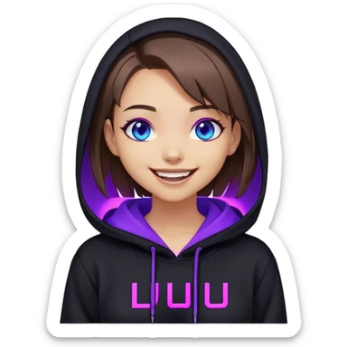brown haired girl with a bob and blue eyes wearing black hoody with violet letters "Lu", laughs. Cyberpunk style. Violet neon. sticker