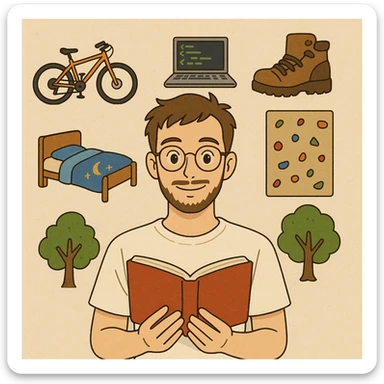 ghibli style young man with light skin, short brown hair, neatly trimmed beard, round gold-rimmed glasses, smiling, plain white t-shirt, holding open red book at chest level, surrounded by hobby icons: orange mountain bike, gray laptop with code, brown hiking boot, climbing wall, bed with blue blanket and moon-and-stars, green tree sticker